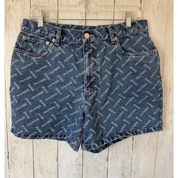 Tommy Hilfiger Allover Logo Print Women's Size 12 Denim Jean Shorts - Picture 1 of 7